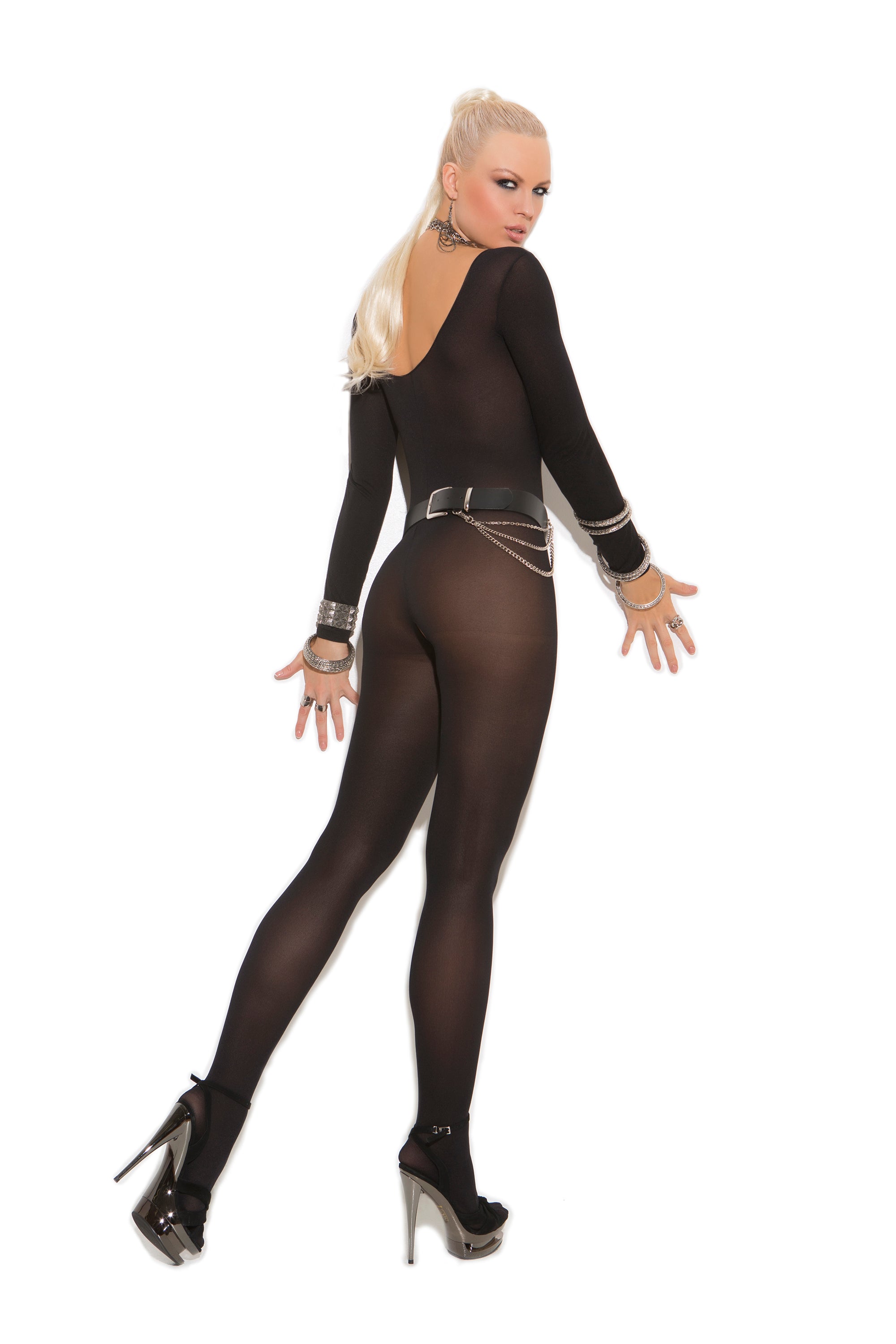 Elegant Moments Opaque Long Sleeve Bodystocking - Open Crotch