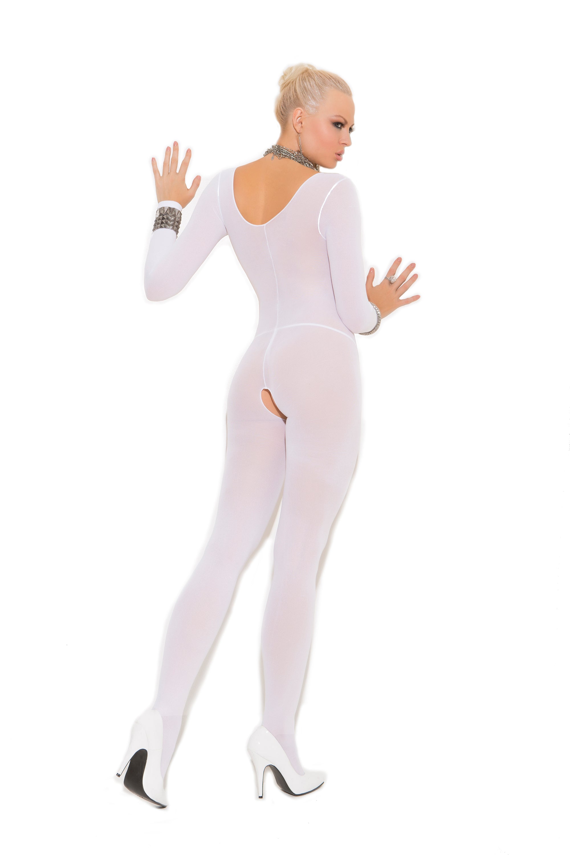 Elegant Moments Opaque Long Sleeve Bodystocking - Open Crotch
