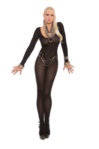 Elegant Moments Opaque Long Sleeve Bodystocking - Open Crotch