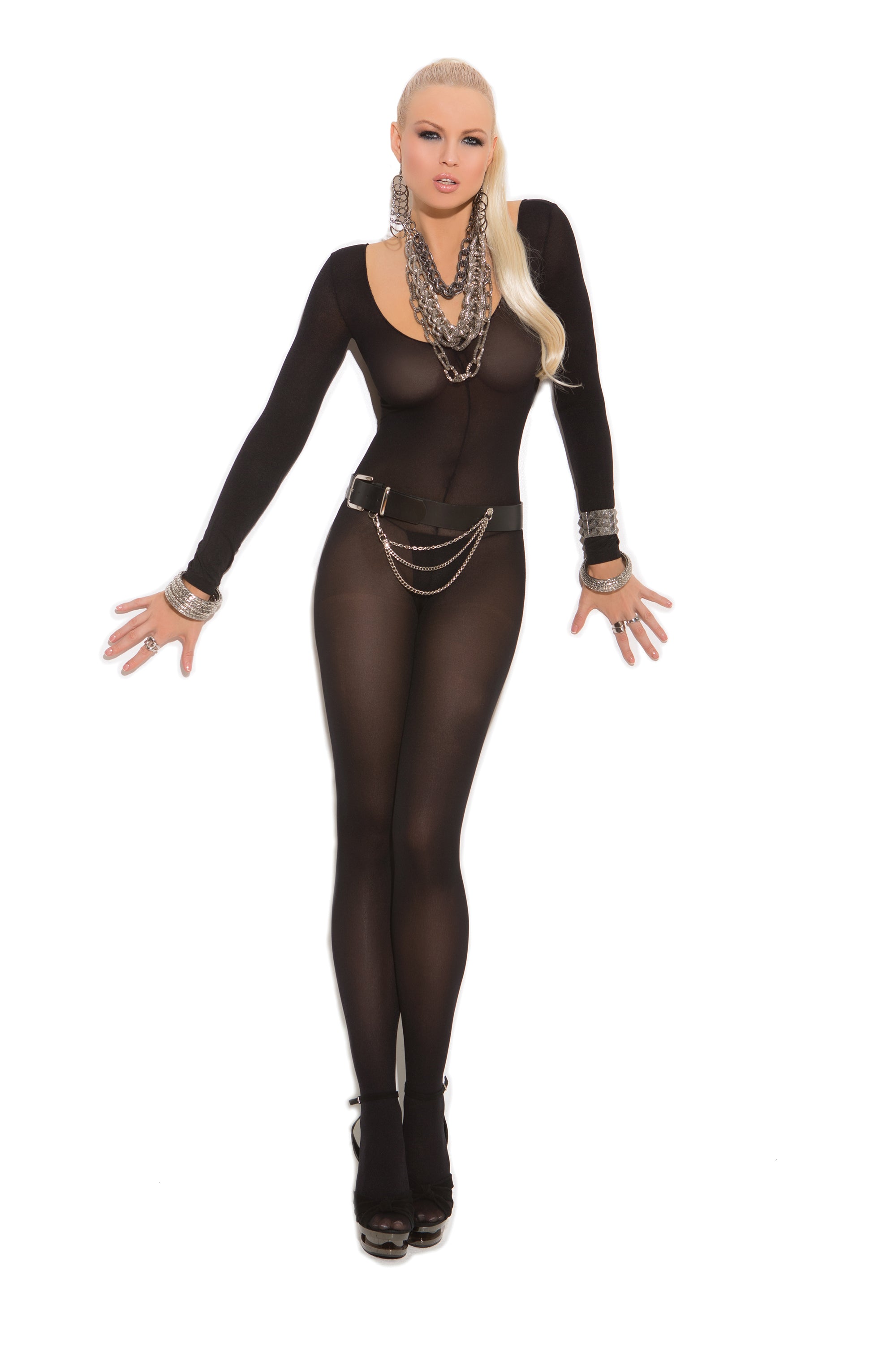 Elegant Moments Opaque Long Sleeve Bodystocking - Open Crotch