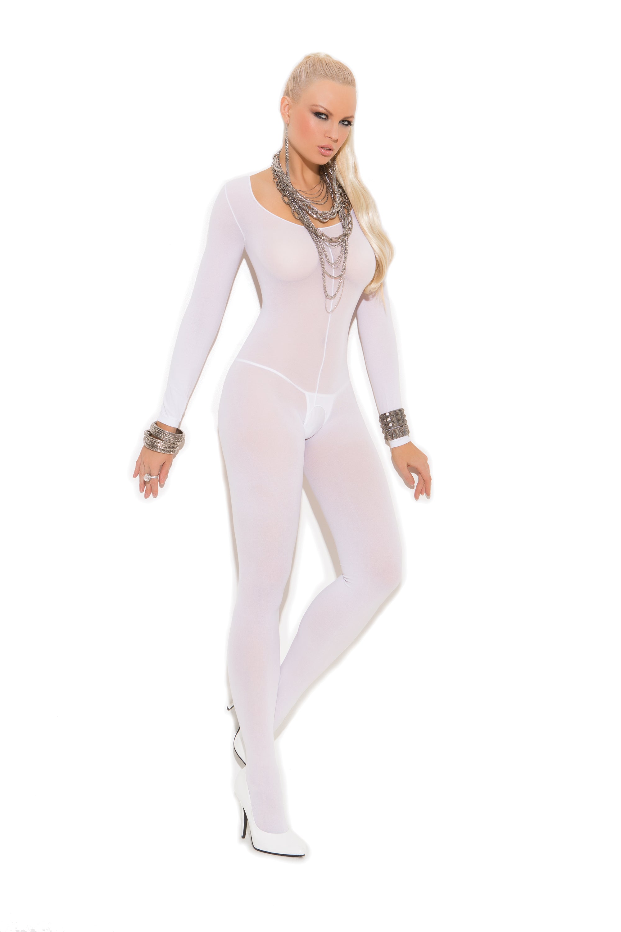Elegant Moments Opaque Long Sleeve Bodystocking - Open Crotch