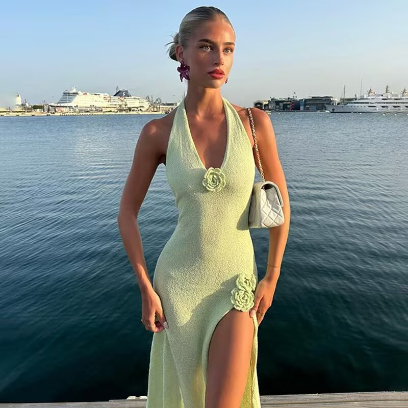 Halter Backless Maxi Dress – Side Slit – Black | Aesthic