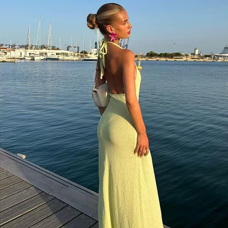 Halter Backless Maxi Dress – Side Slit – Black | Aesthic