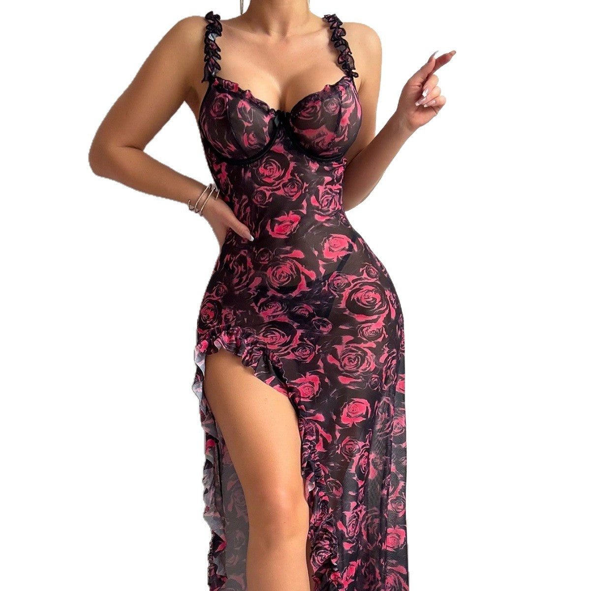 Floral Strapless Dress – Side Slit Midi – Multicolour | Aesthic