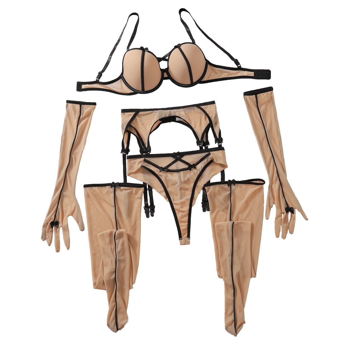 Five Piece Lingerie Set – Straps & Mesh – Black | Aesthic